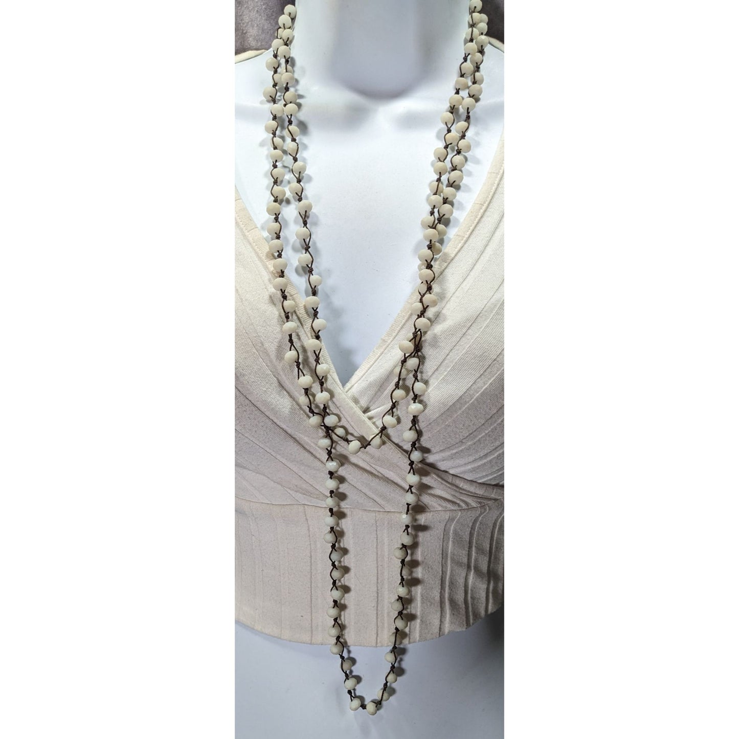 Fabulina White Faceted Glass Beaded Extra Long Necklace