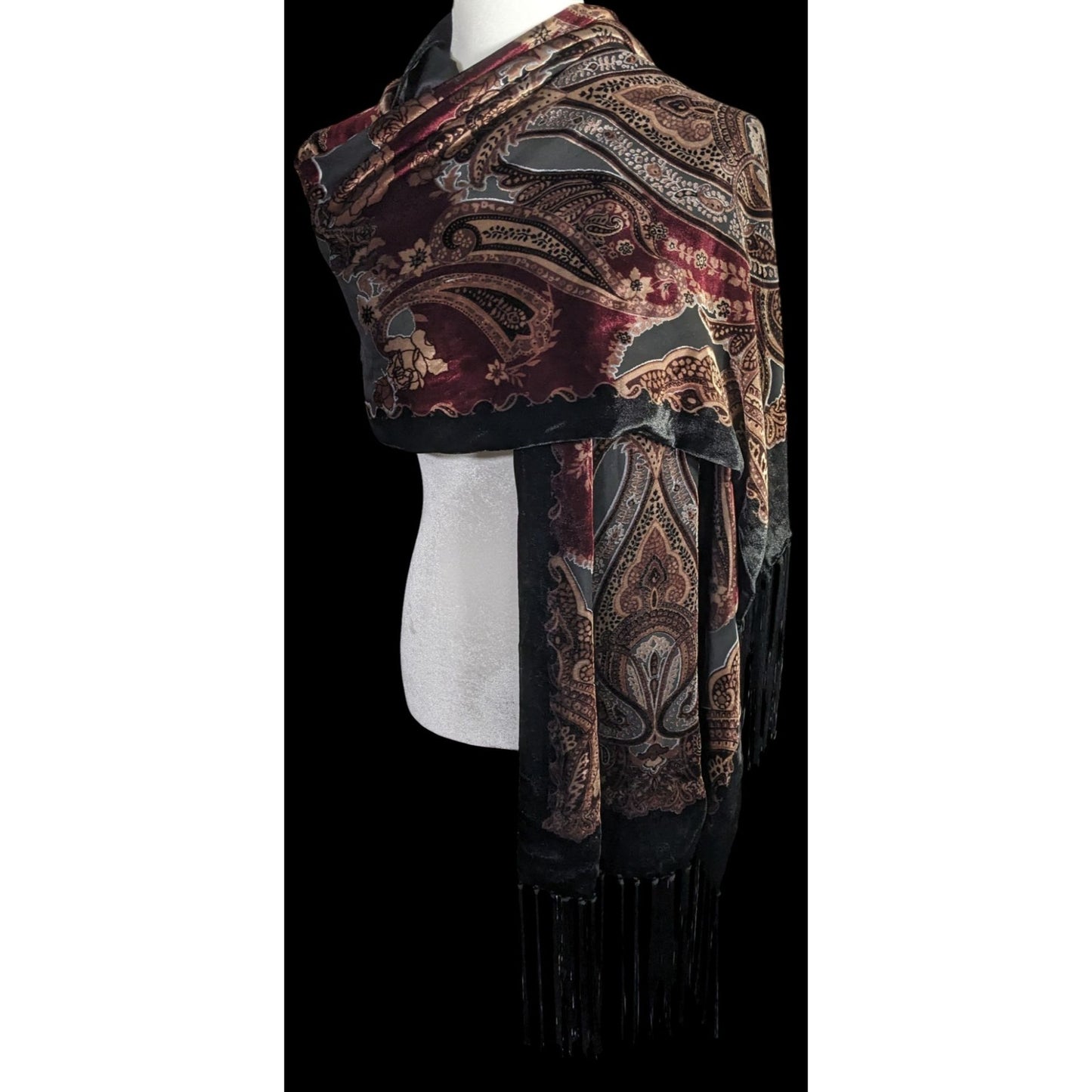 Vintage Burnt Velvet Paisley Wrap With Fringe - 73"x21" 9" Tassels Elegant Floral & Ornate Pattern In Rich Burgundy & Gold Tones