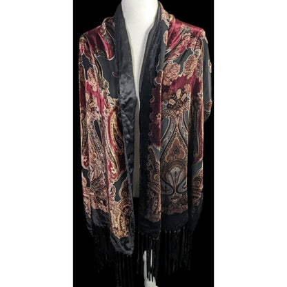 Vintage Burnt Velvet Paisley Wrap With Fringe - 73"x21" 9" Tassels Elegant Floral & Ornate Pattern In Rich Burgundy & Gold Tones