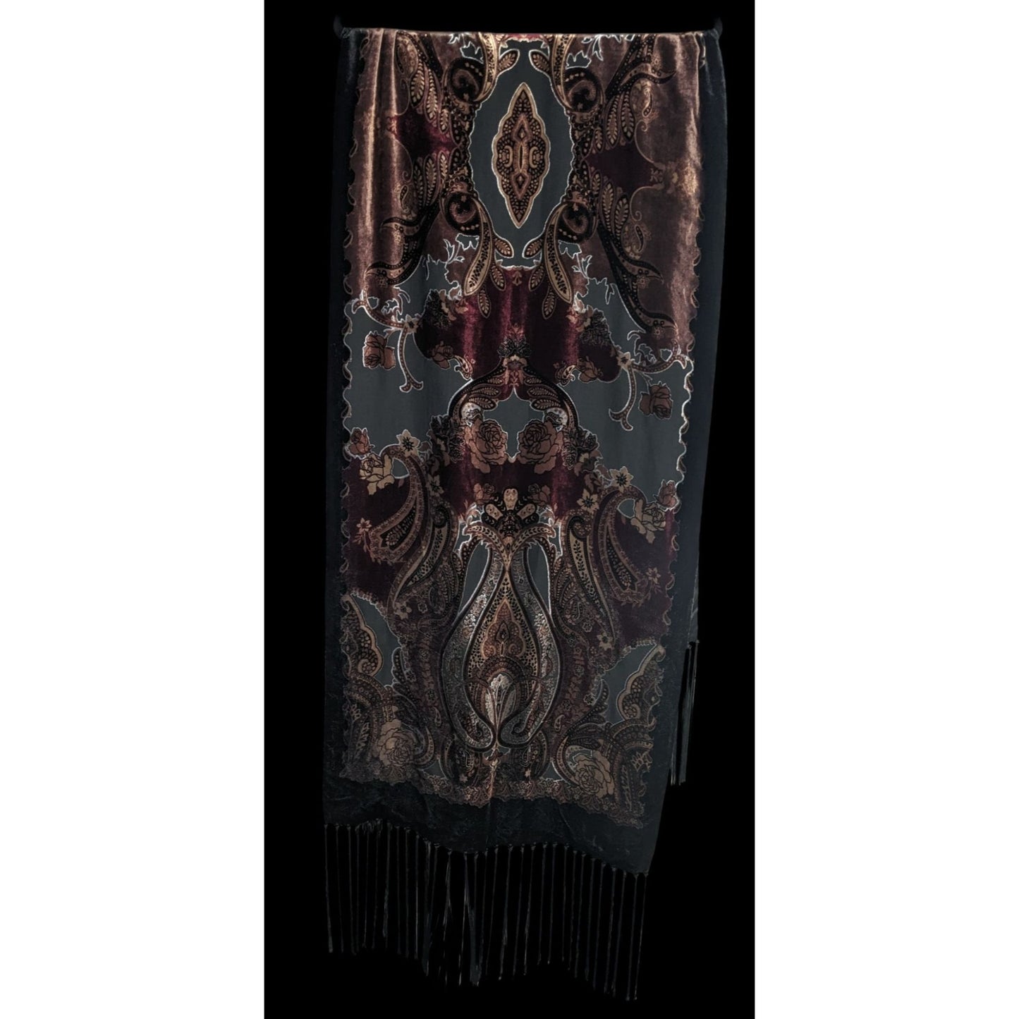 Vintage Burnt Velvet Paisley Wrap With Fringe - 73"x21" 9" Tassels Elegant Floral & Ornate Pattern In Rich Burgundy & Gold Tones