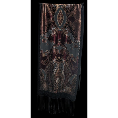 Vintage Burnt Velvet Paisley Wrap With Fringe - 73"x21" 9" Tassels Elegant Floral & Ornate Pattern In Rich Burgundy & Gold Tones