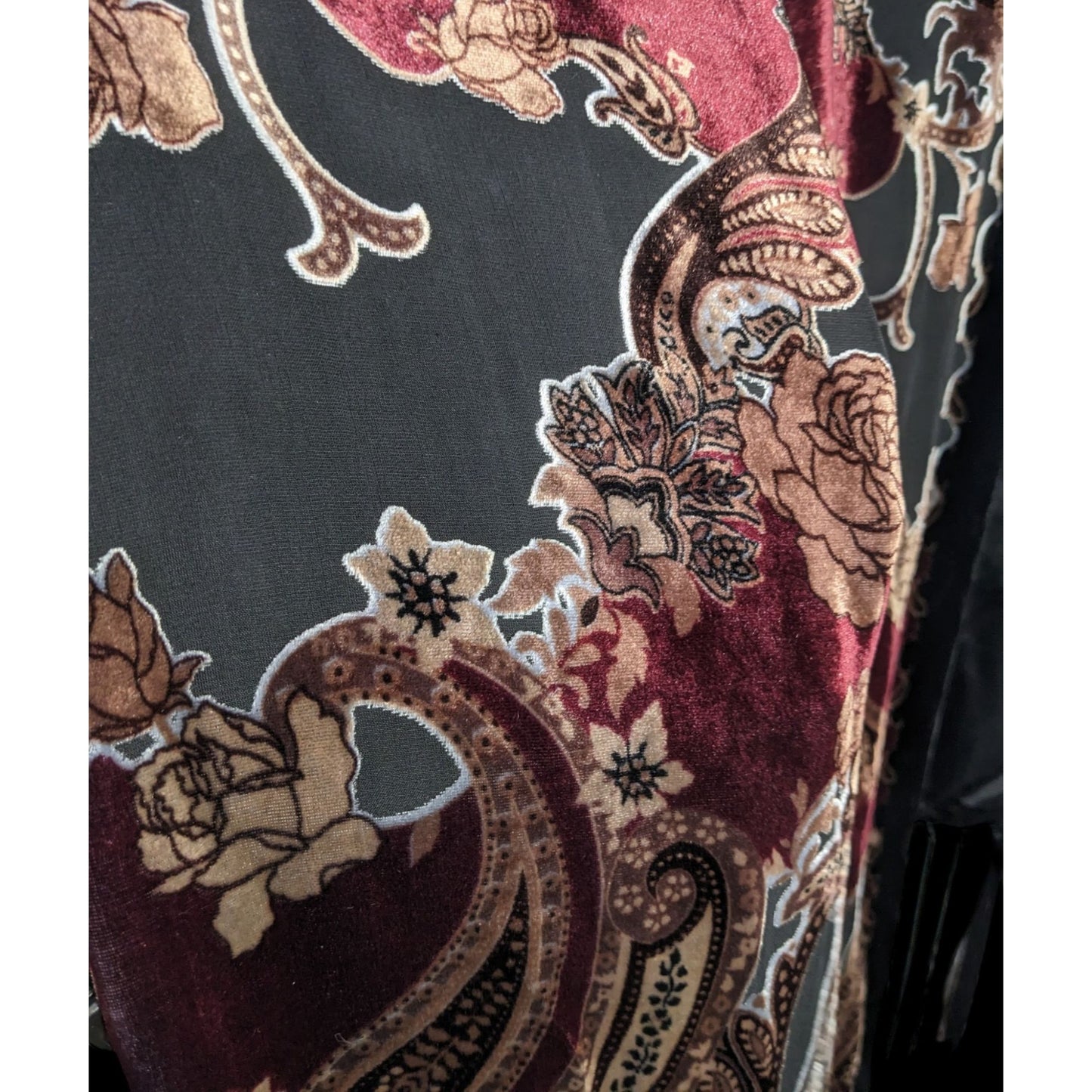 Vintage Burnt Velvet Paisley Wrap With Fringe - 73"x21" 9" Tassels Elegant Floral & Ornate Pattern In Rich Burgundy & Gold Tones