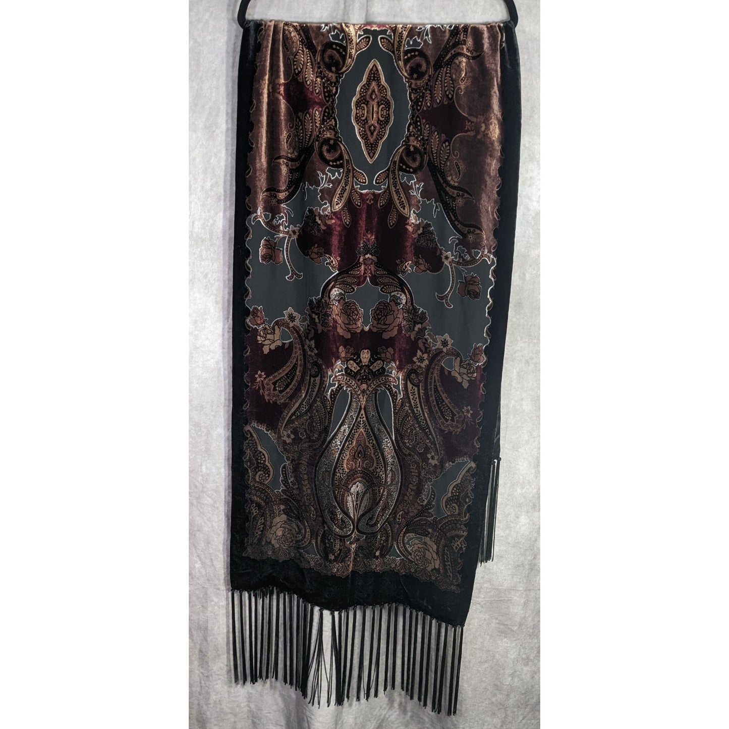 Vintage Burnt Velvet Paisley Wrap With Fringe - 73"x21" 9" Tassels Elegant Floral & Ornate Pattern In Rich Burgundy & Gold Tones