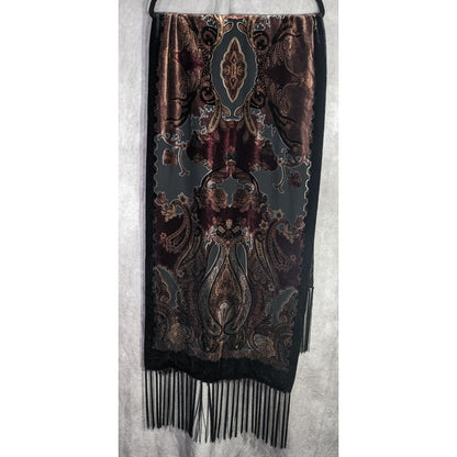 Vintage Burnt Velvet Paisley Wrap With Fringe - 73"x21" 9" Tassels Elegant Floral & Ornate Pattern In Rich Burgundy & Gold Tones