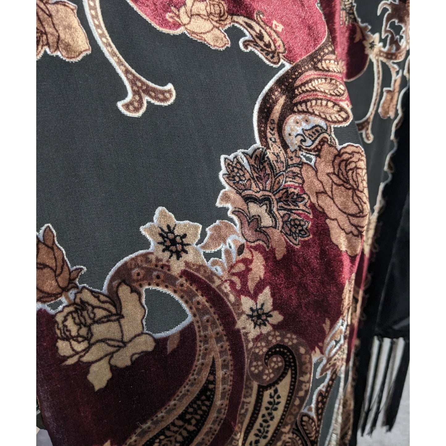 Vintage Burnt Velvet Paisley Wrap With Fringe - 73"x21" 9" Tassels Elegant Floral & Ornate Pattern In Rich Burgundy & Gold Tones