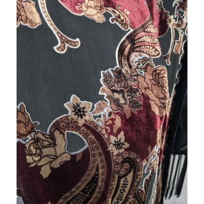 Vintage Burnt Velvet Paisley Wrap With Fringe - 73"x21" 9" Tassels Elegant Floral & Ornate Pattern In Rich Burgundy & Gold Tones