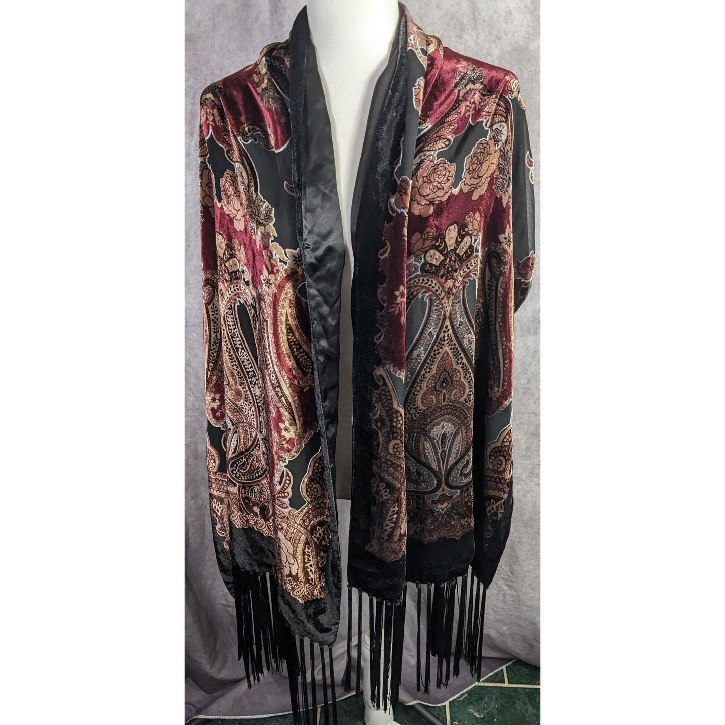 Vintage Burnt Velvet Paisley Wrap With Fringe - 73"x21" 9" Tassels Elegant Floral & Ornate Pattern In Rich Burgundy & Gold Tones