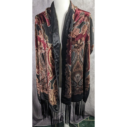 Vintage Burnt Velvet Paisley Wrap With Fringe - 73"x21" 9" Tassels Elegant Floral & Ornate Pattern In Rich Burgundy & Gold Tones