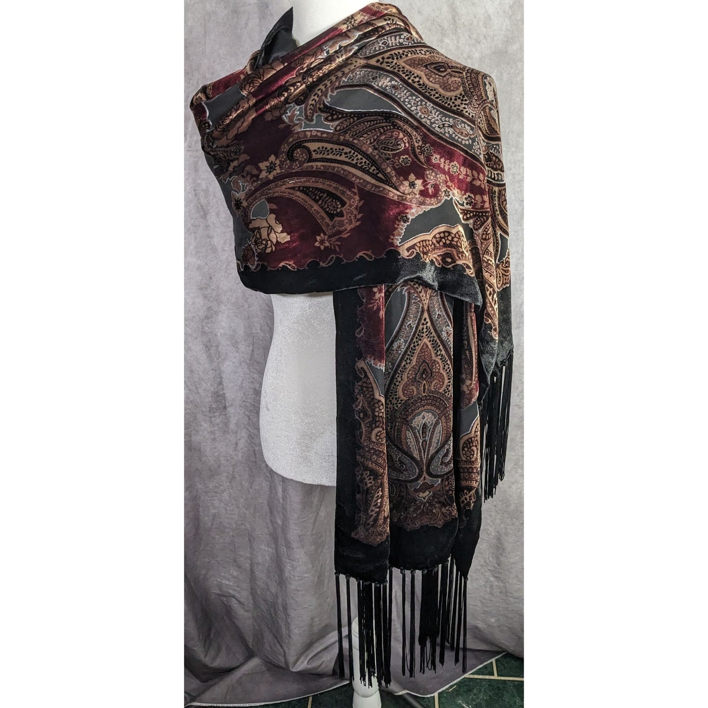 Vintage Burnt Velvet Paisley Wrap With Fringe - 73"x21" 9" Tassels Elegant Floral & Ornate Pattern In Rich Burgundy & Gold Tones