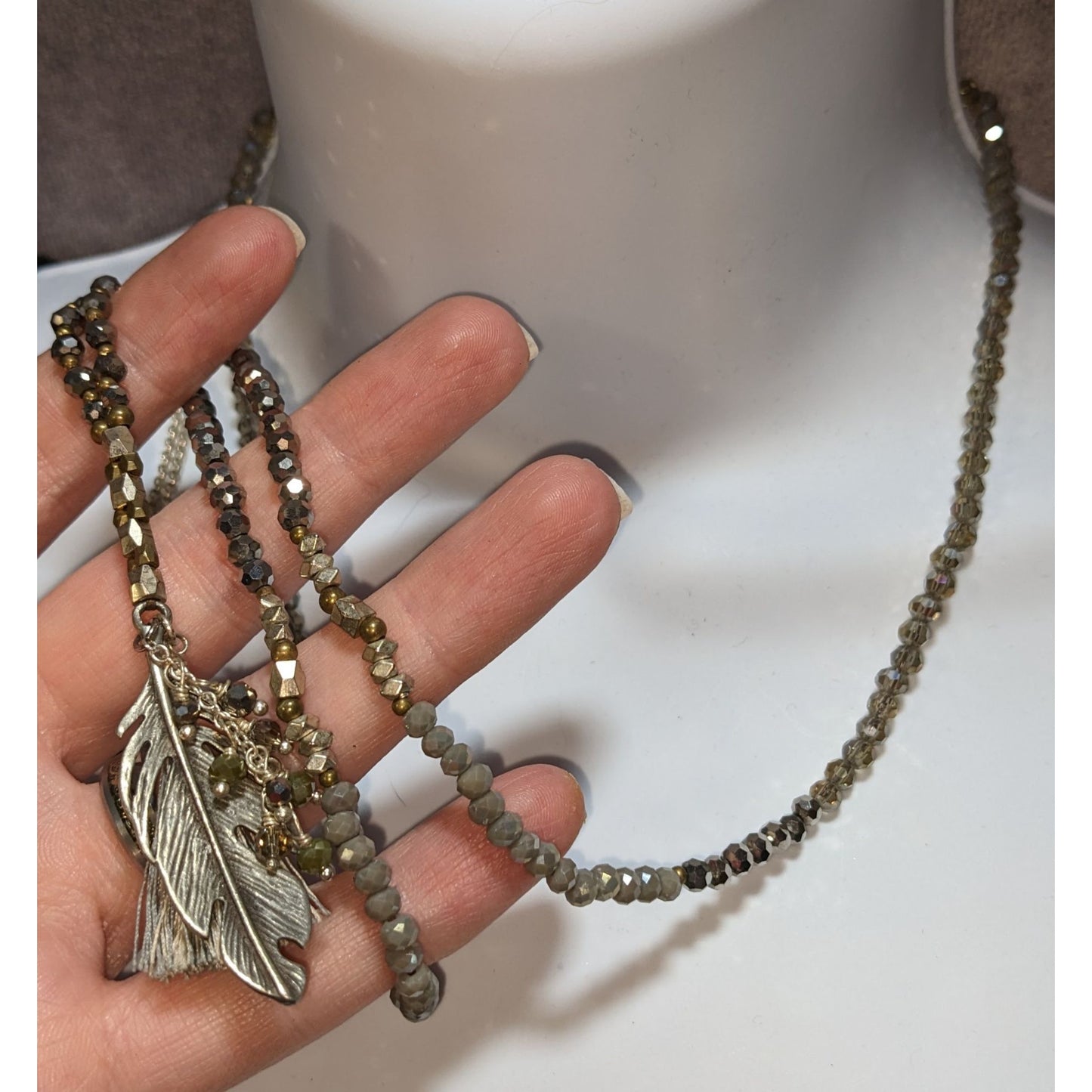 Bohemian Sparkly Beaded Necklace With Metal Feather Pendant & Tassel