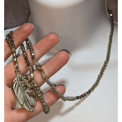 Bohemian Sparkly Beaded Necklace With Metal Feather Pendant & Tassel