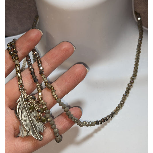 Bohemian Sparkly Beaded Necklace With Metal Feather Pendant & Tassel