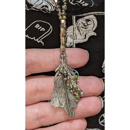 Bohemian Sparkly Beaded Necklace With Metal Feather Pendant & Tassel