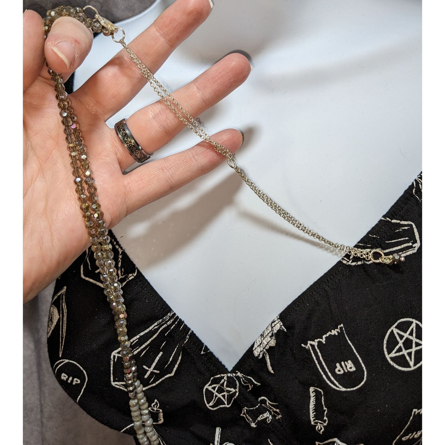 Bohemian Sparkly Beaded Necklace With Metal Feather Pendant & Tassel
