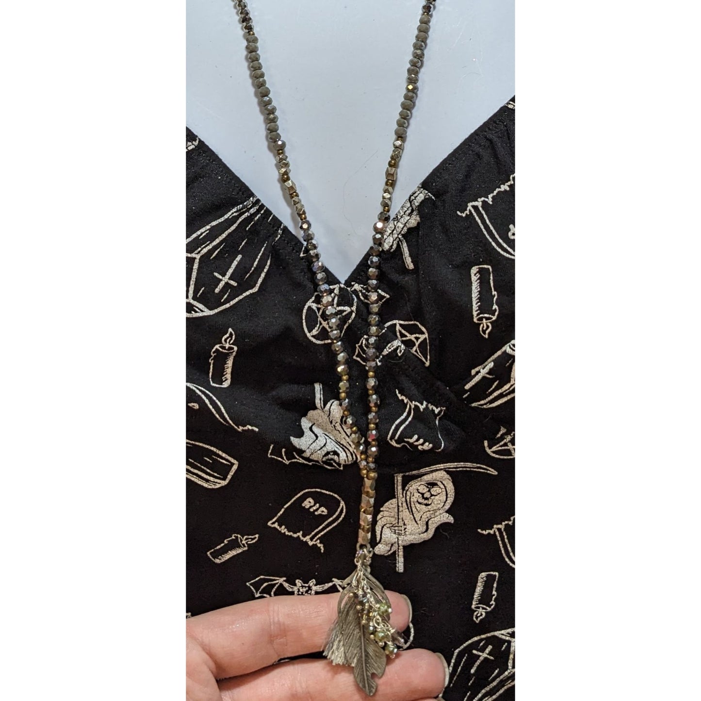 Bohemian Sparkly Beaded Necklace With Metal Feather Pendant & Tassel