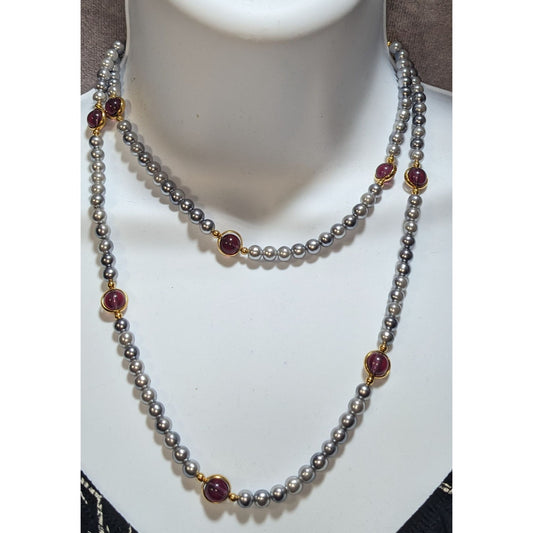 Elegant Regal Gray Pearl Necklace With Gold-Tone Bezel-Set Purple Glass Accents