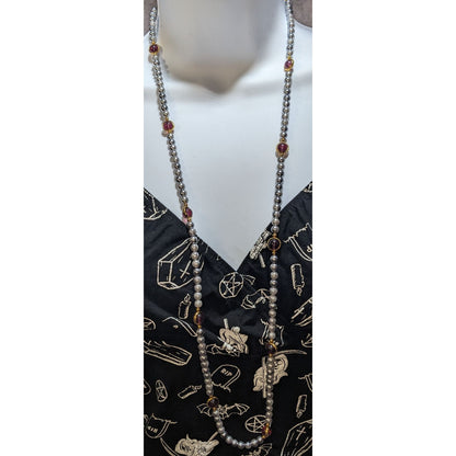Elegant Regal Gray Pearl Necklace With Gold-Tone Bezel-Set Purple Glass Accents