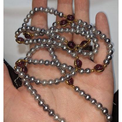 Elegant Regal Gray Pearl Necklace With Gold-Tone Bezel-Set Purple Glass Accents