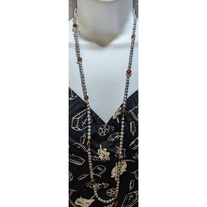 Elegant Regal Gray Pearl Necklace With Gold-Tone Bezel-Set Purple Glass Accents