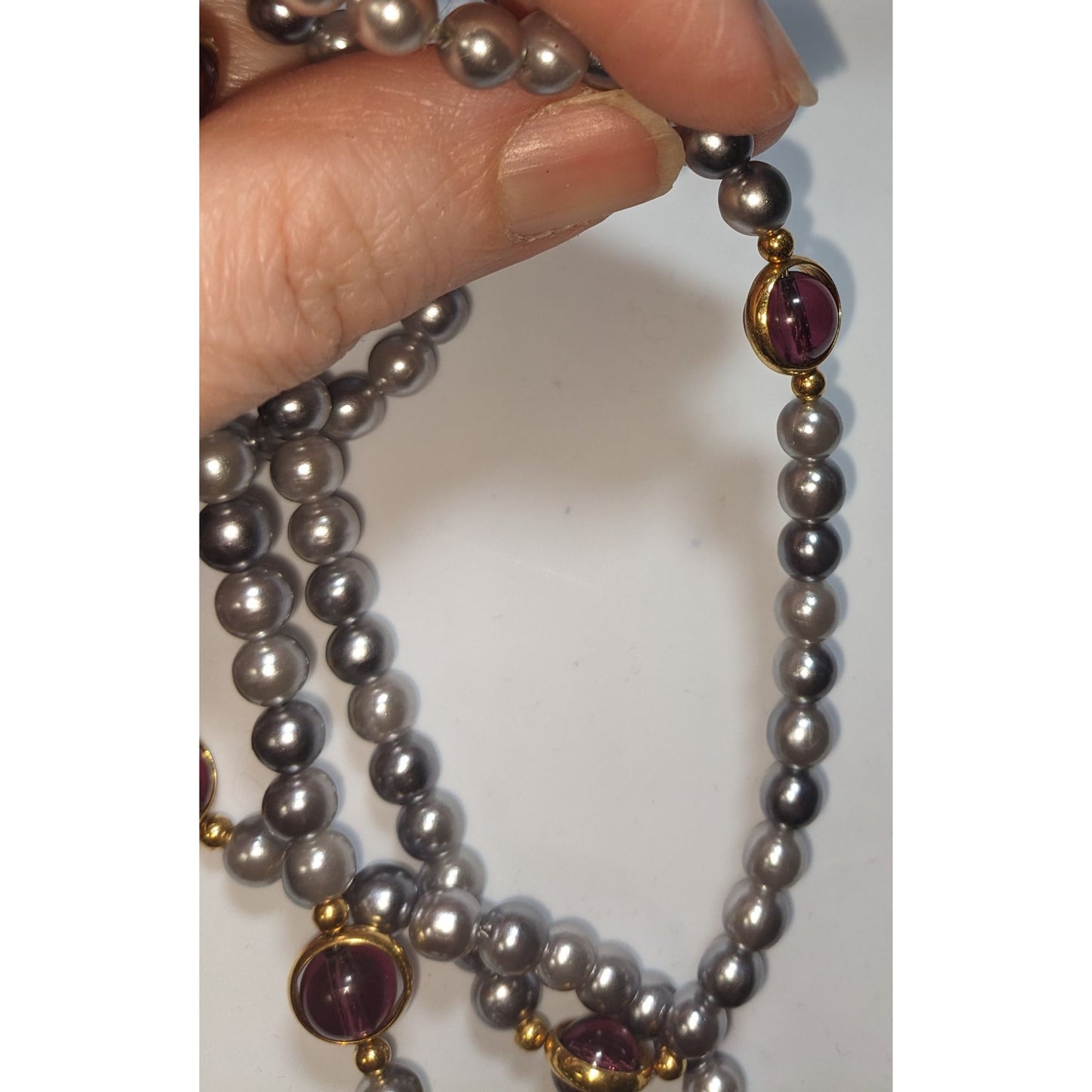 Elegant Regal Gray Pearl Necklace With Gold-Tone Bezel-Set Purple Glass Accents