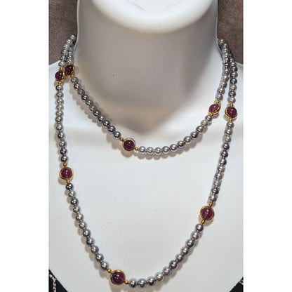 Elegant Regal Gray Pearl Necklace With Gold-Tone Bezel-Set Purple Glass Accents