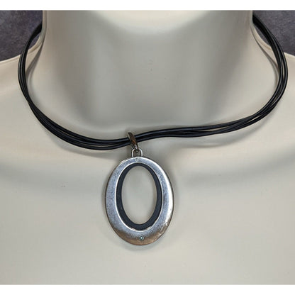 Nine West Reversible Oval Pendant Necklace Black Silver Modern Mod