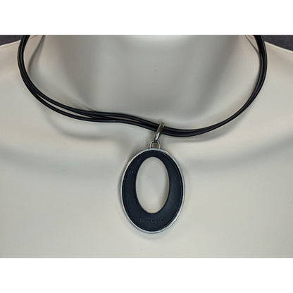 Nine West Reversible Oval Pendant Necklace Black Silver Modern Mod