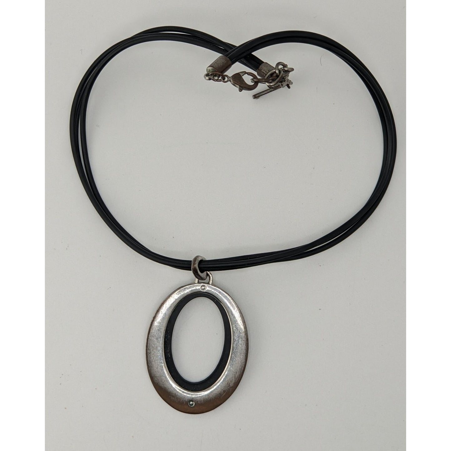 Nine West Reversible Oval Pendant Necklace Black Silver Modern Mod