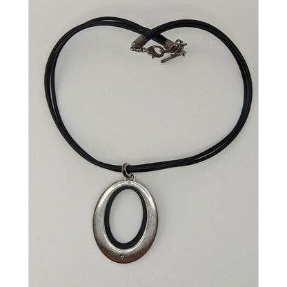Nine West Reversible Oval Pendant Necklace Black Silver Modern Mod