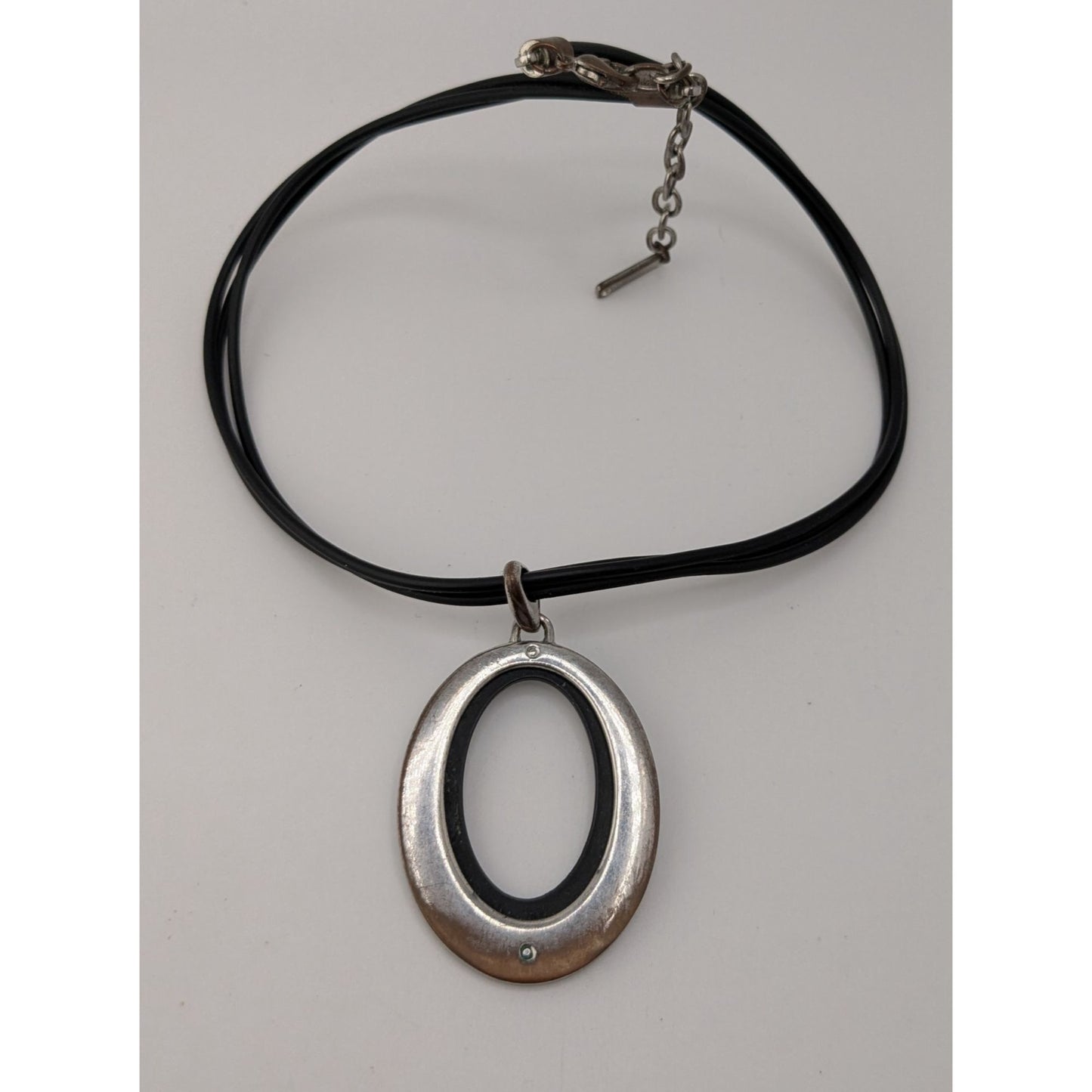 Nine West Reversible Oval Pendant Necklace Black Silver Modern Mod