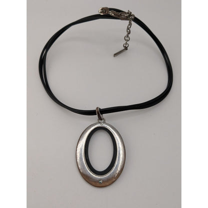 Nine West Reversible Oval Pendant Necklace Black Silver Modern Mod