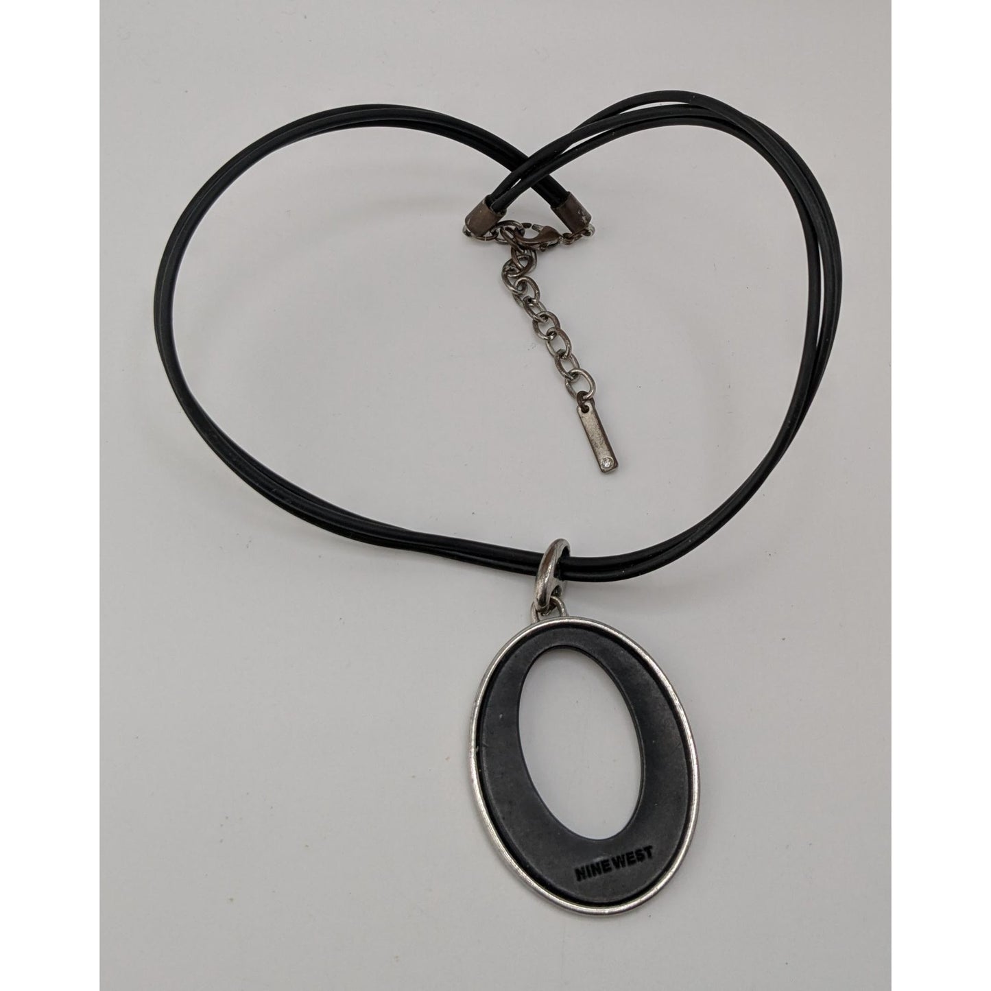 Nine West Reversible Oval Pendant Necklace Black Silver Modern Mod
