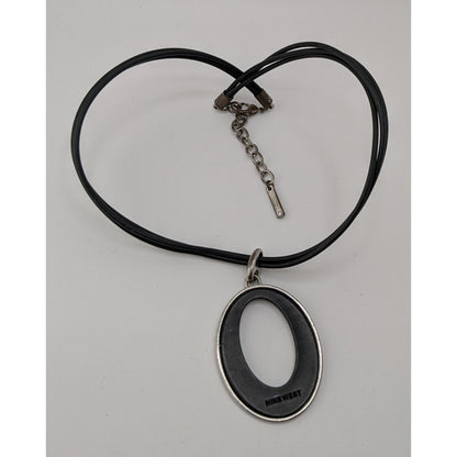 Nine West Reversible Oval Pendant Necklace Black Silver Modern Mod