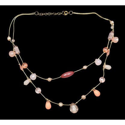 Coquette Pink And Gold Tone Beaded Station Layered Necklace