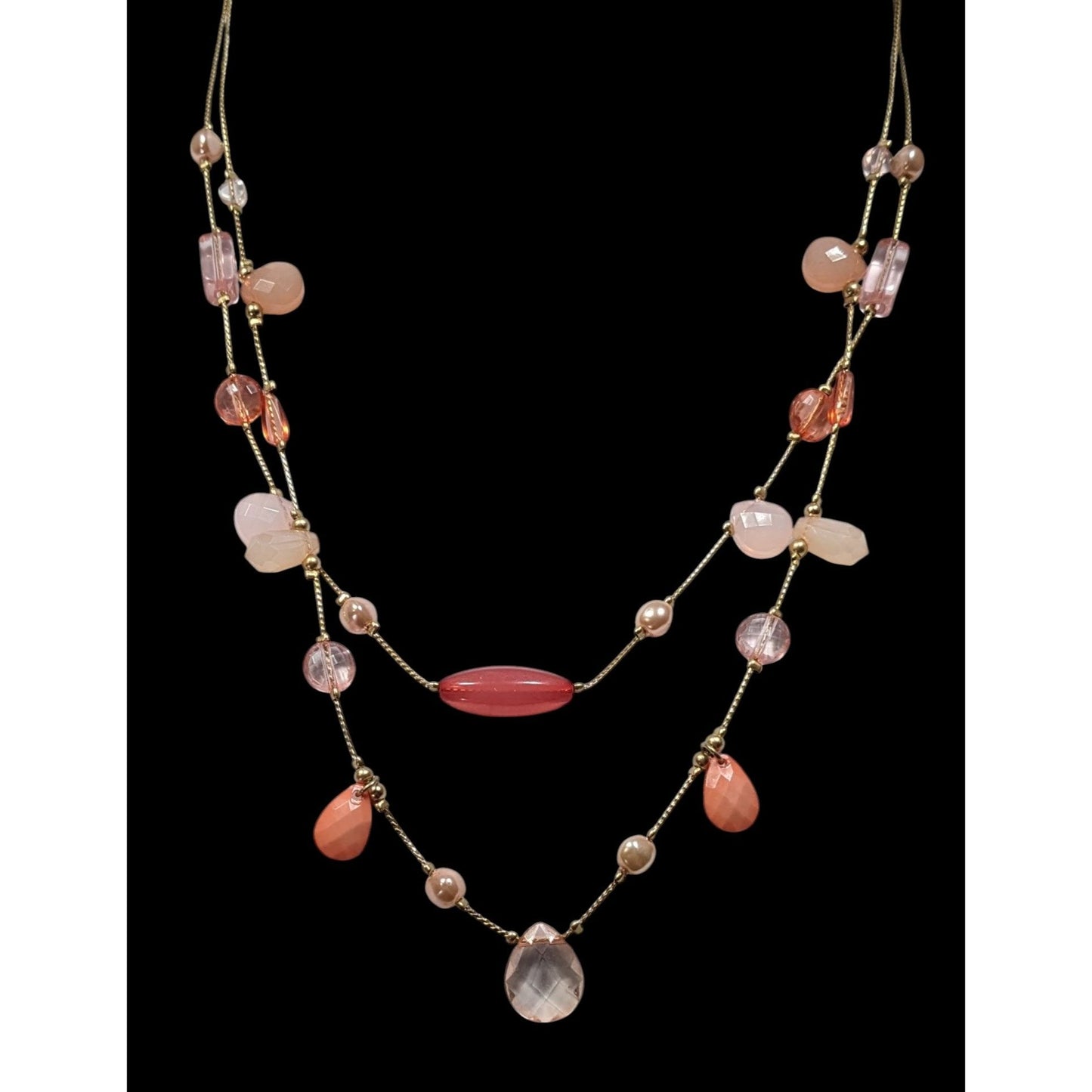 Coquette Pink And Gold Tone Beaded Station Layered Necklace