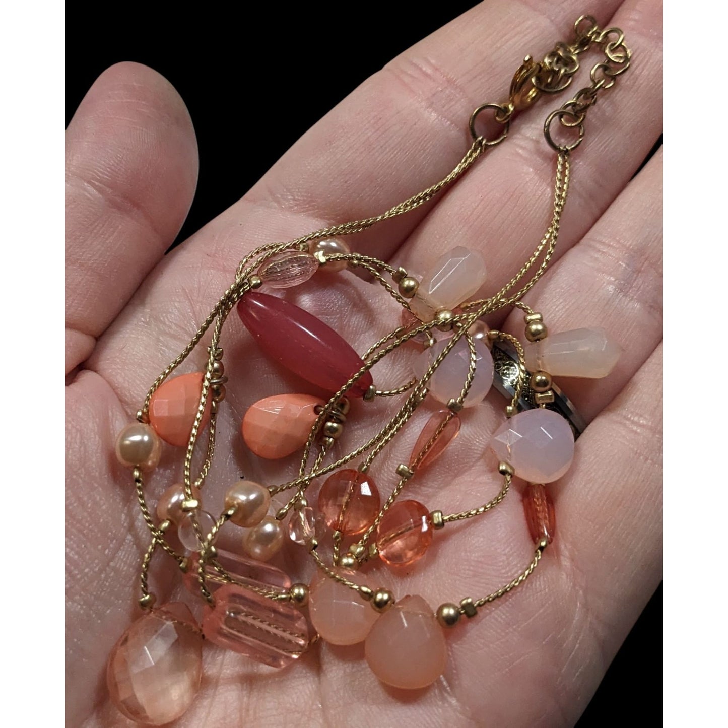 Coquette Pink And Gold Tone Beaded Station Layered Necklace