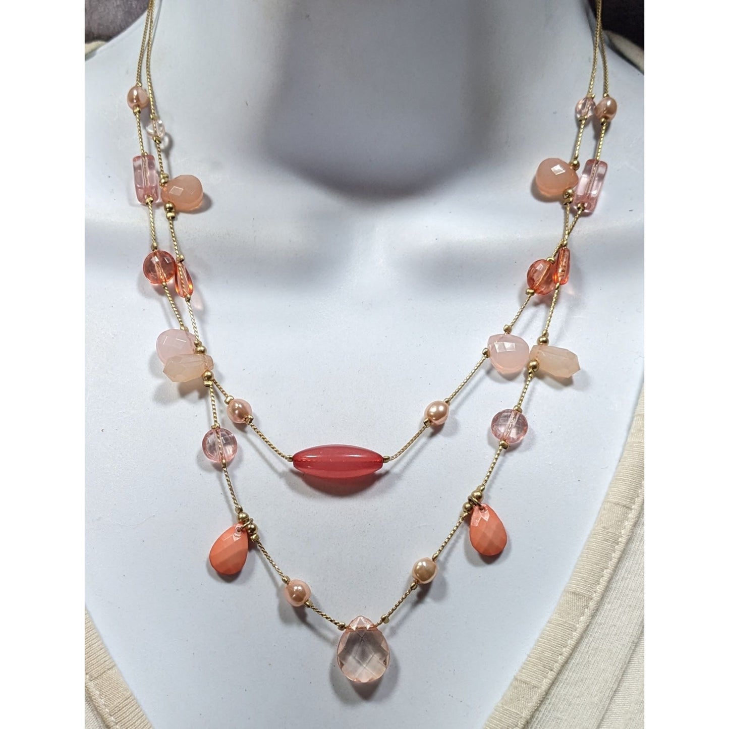 Coquette Pink And Gold Tone Beaded Station Layered Necklace