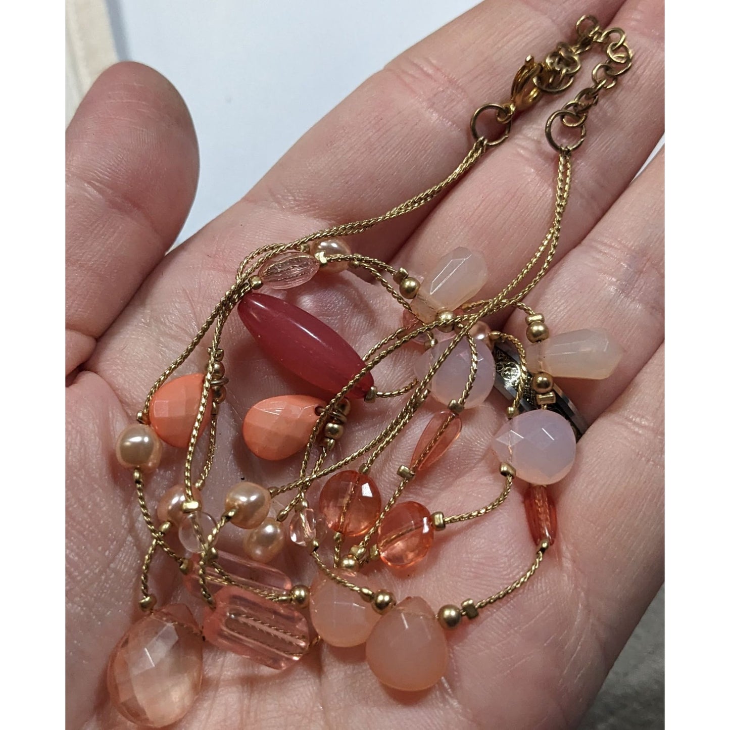 Coquette Pink And Gold Tone Beaded Station Layered Necklace