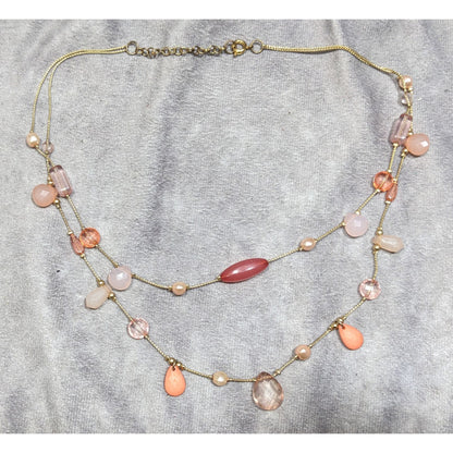Coquette Pink And Gold Tone Beaded Station Layered Necklace