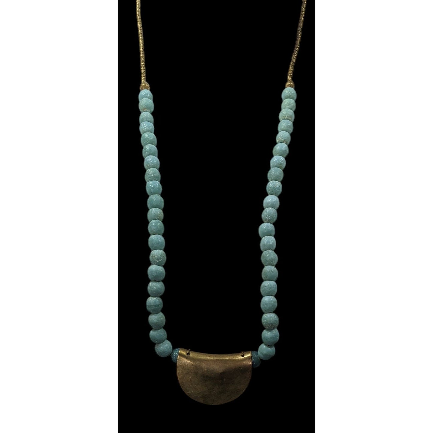 Brutalist Bohemian Blue Stone Beaded Bronze Pendant Necklace