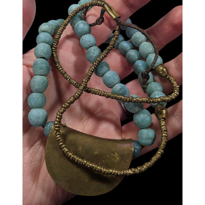 Brutalist Bohemian Blue Stone Beaded Bronze Pendant Necklace