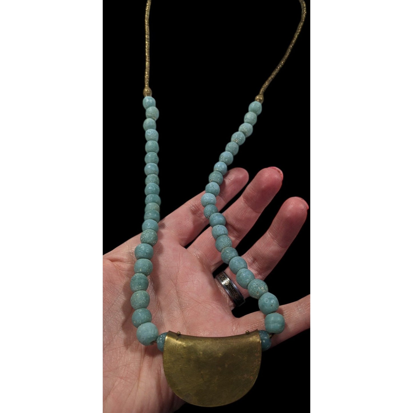 Brutalist Bohemian Blue Stone Beaded Bronze Pendant Necklace