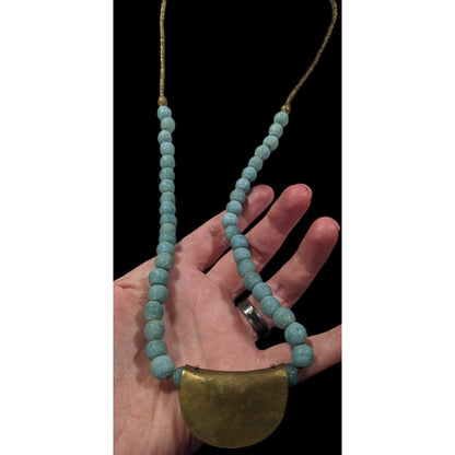 Brutalist Bohemian Blue Stone Beaded Bronze Pendant Necklace