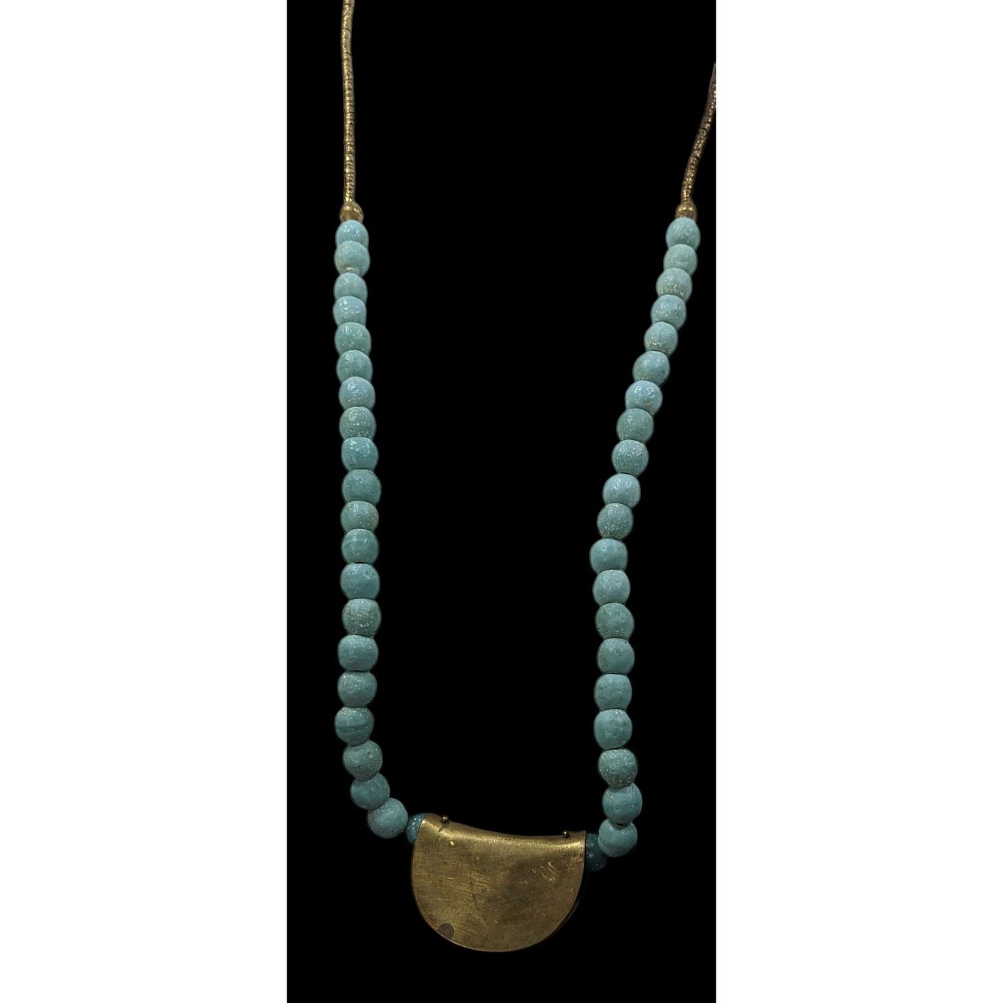 Brutalist Bohemian Blue Stone Beaded Bronze Pendant Necklace