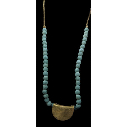 Brutalist Bohemian Blue Stone Beaded Bronze Pendant Necklace