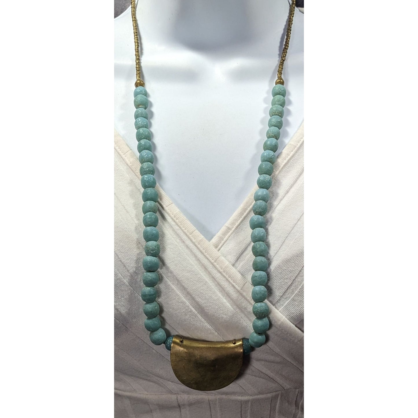 Brutalist Bohemian Blue Stone Beaded Bronze Pendant Necklace