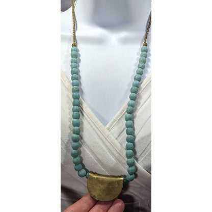 Brutalist Bohemian Blue Stone Beaded Bronze Pendant Necklace