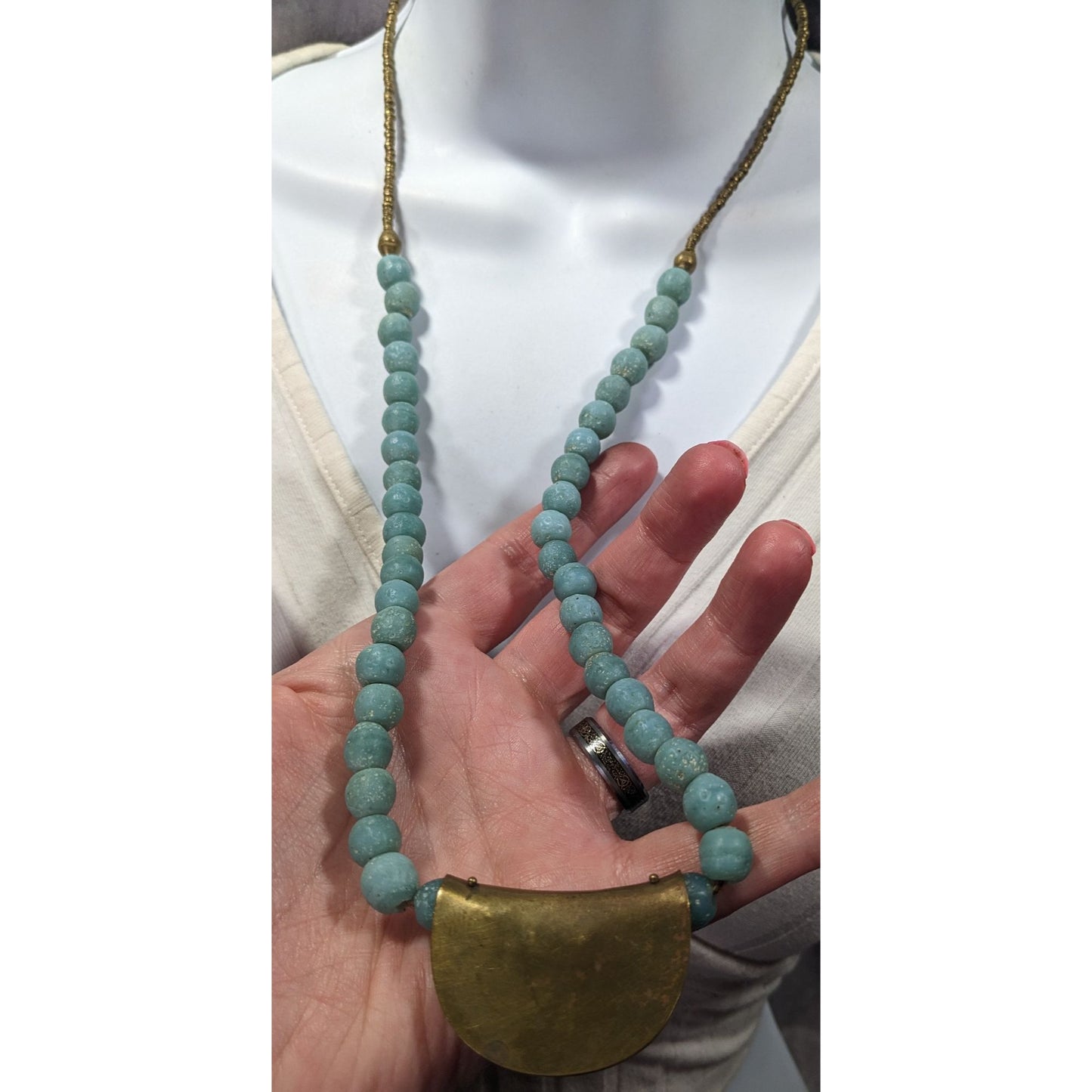Brutalist Bohemian Blue Stone Beaded Bronze Pendant Necklace