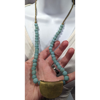 Brutalist Bohemian Blue Stone Beaded Bronze Pendant Necklace