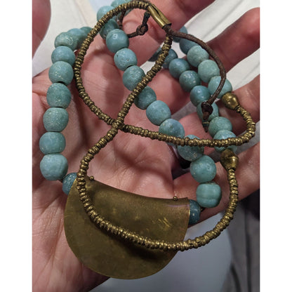 Brutalist Bohemian Blue Stone Beaded Bronze Pendant Necklace